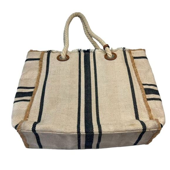 Vince Camuto Ulla-To Striped Tote Bag Purse Beach Summer Tan Beige/Blue - Picture 2 of 10